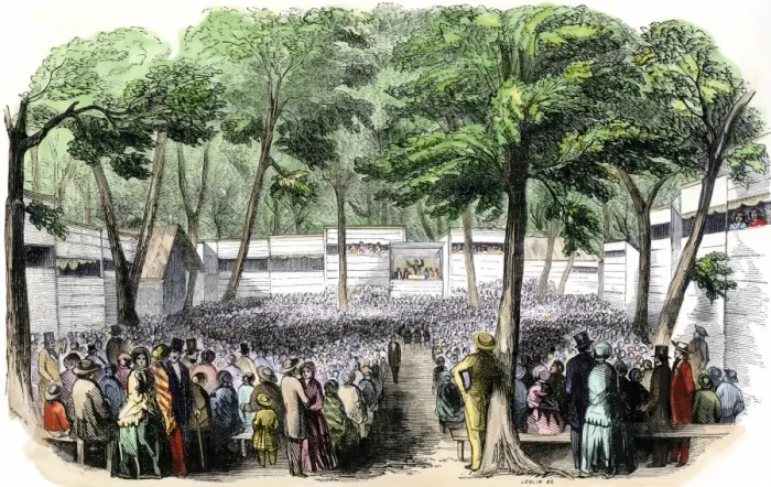 Framed Print : Methodist camp meeting in Ohio, 1850s Framed Print : Methodist camp meeting in Ohio, 1850s