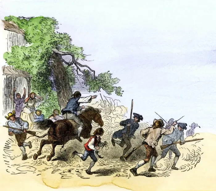 Framed Print : Minutemen roused by Paul Revere to do battle in Lexington Framed Print : Minutemen roused by Paul Revere to do battle in Lexington