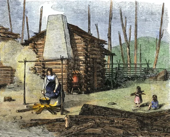 Framed Print : Mother and children doing chores near their log cabin in a clearing Framed Print : Mother and children doing chores near their log cabin in a clearing