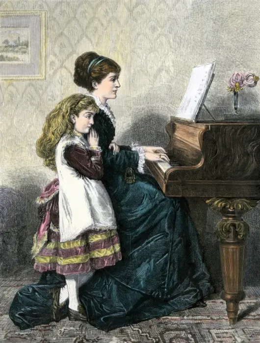 Framed Print : Mother entertaining her daughter at the piano Framed Print : Mother entertaining her daughter at the piano