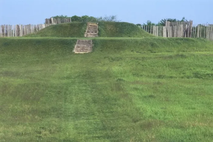 Framed Print : Mound and part of a reconstructed village palisade at Aztalan State Park