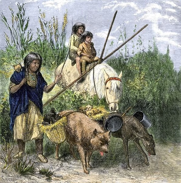 NATI2A-00082. Native American family moving their possessions using a travois