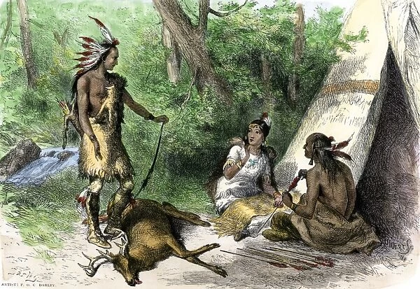 NATI2A-00088. Native American hunter bringing deer to his forest dwelling.