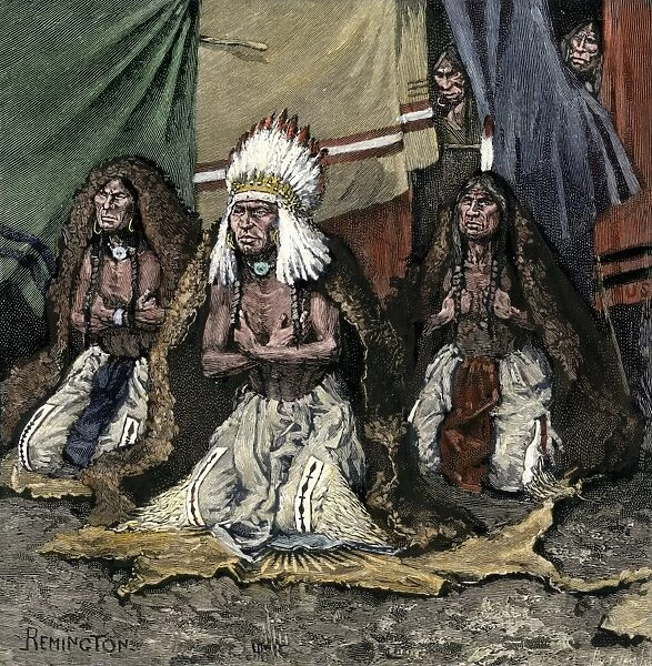 NATI2A-00096. Sioux leaders ceremonially facing the setting sun, 1800s.