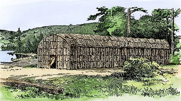 NATI2A-00104. Iroquois longhouse.. Hand-colored woodcut of a 19th-century illustration