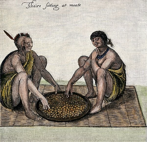 NATI2A-00112. Native American man and woman eating from a basket, Raleigh's Colony, 1585.