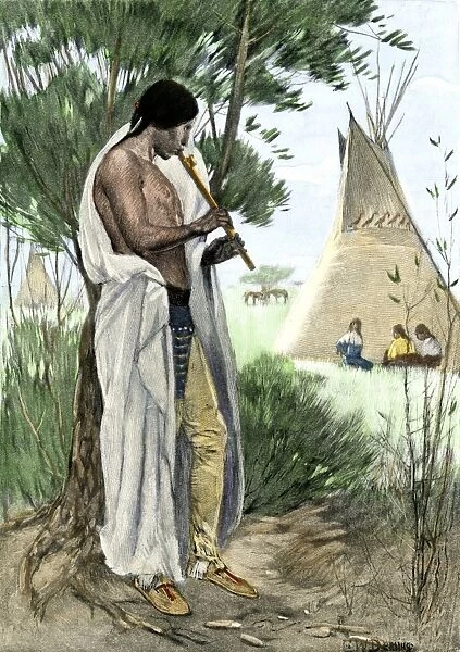 NATI2A-00129. Native American playing a flute to young women in a prairie village.