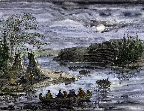 NATI2A-00132. Canoes on the Ohio River traveling by moonlight
