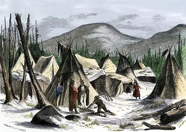 NATI2A-00138. Native American village in winter hills.