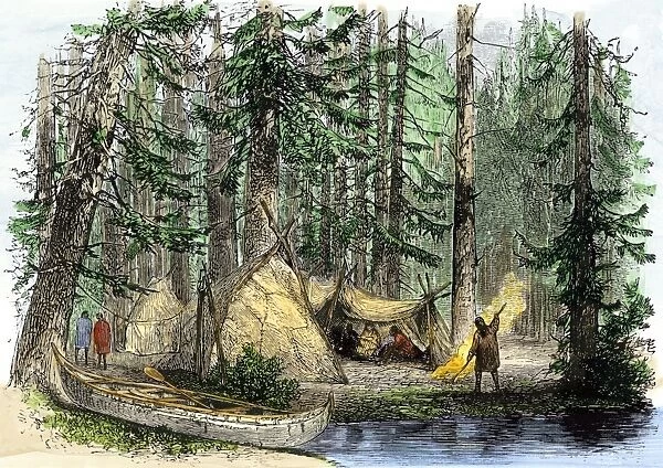 NATI2A-00139. Native American lodges and their birch-bark canoe in Canadian forest.