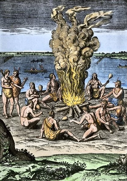 NATI2A-00151. Native Americans around a fire on the Virginia / North Carolina coast, 1500s.