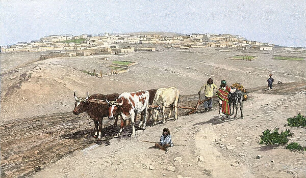 NATI2A-00174. Pueblo farmer plowing the soil near Laguna Pueblo, New Mexico, 1800s.