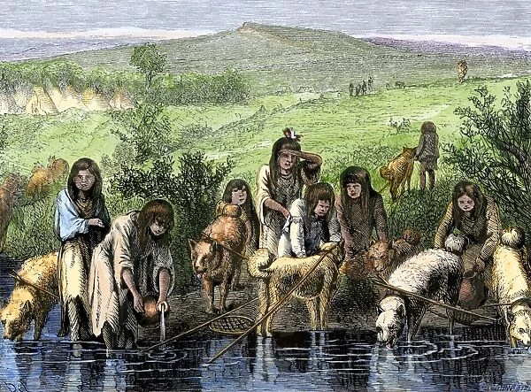 NATI2A-00202. Dogs pulling travois to carry water for Native American women