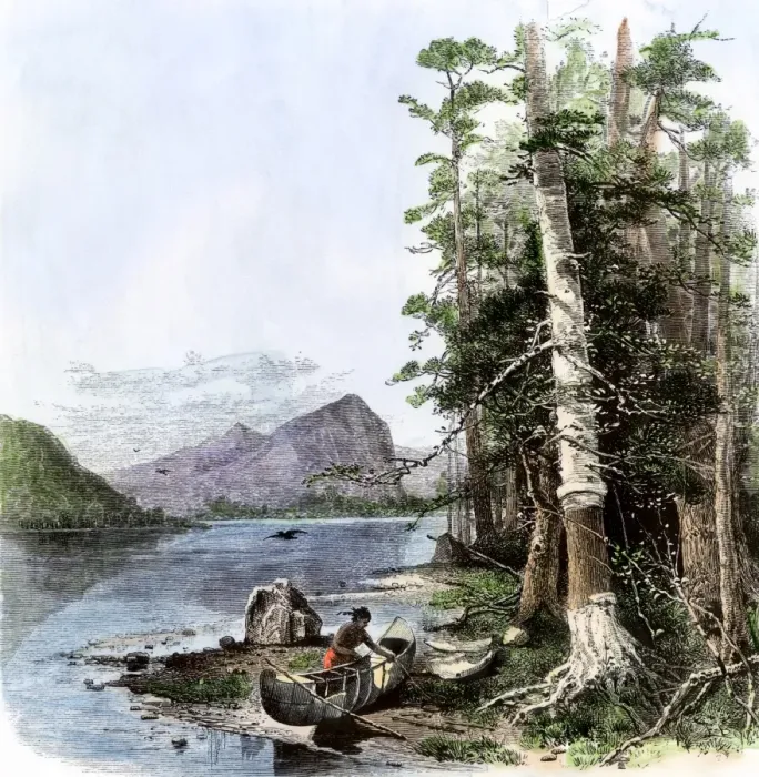 Framed Print : Native American building a birchbark canoe on the shore of a waterway Framed Print : Native American building a birchbark canoe on the shore of a waterway