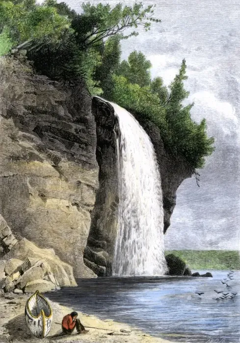 Framed Print : Native American and his canoe beside Silver Cascade on the shore of Lake Framed Print : Native American and his canoe beside Silver Cascade on the shore of Lake