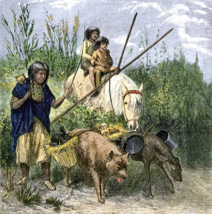 Framed Print : Native American family moving their possessions using a travois