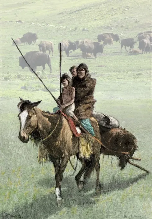Framed Print : Native American family traveling on a travois poney on the prairie Framed Print : Native American family traveling on a travois poney on the prairie