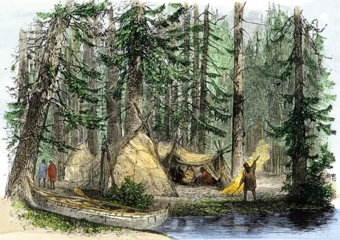 Framed Print : Native American lodges and their birch-bark canoe in Canadian forest Framed Print : Native American lodges and their birch-bark canoe in Canadian forest