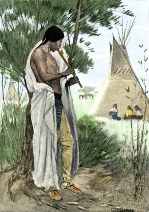 Framed Print : Native American playing a flute to young women in a prairie village Framed Print : Native American playing a flute to young women in a prairie village