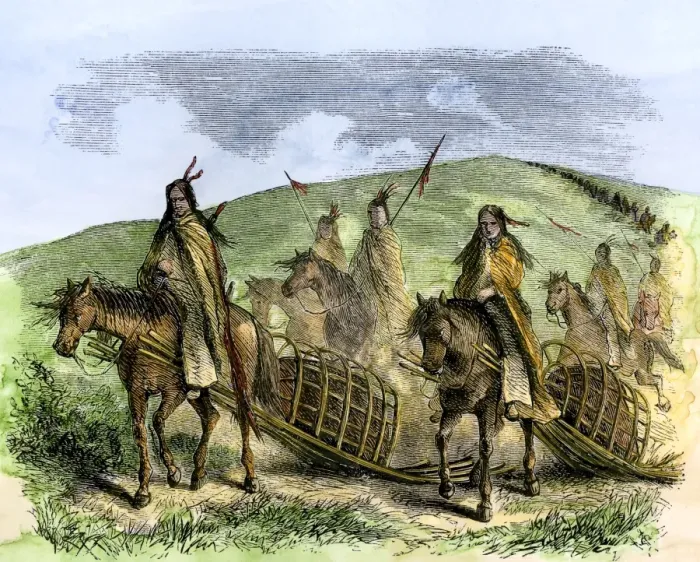 Framed Print : Native American village on the move using horse-pulled travois Framed Print : Native American village on the move using horse-pulled travois