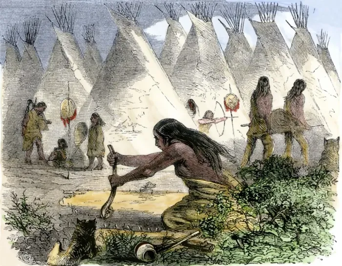 Framed Print : Native American women curing buffalo hides in a tepee village Framed Print : Native American women curing buffalo hides in a tepee village