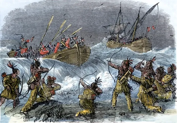 Framed Print : Native Americans on Block Island attacked by Massachusetts Bay Colony Governor