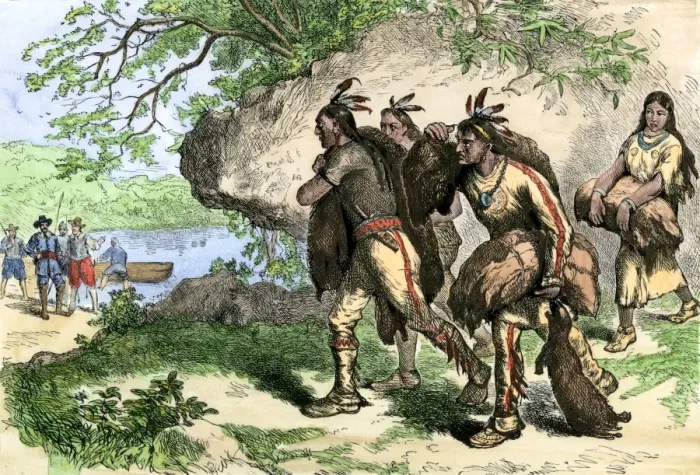 Framed Print : Native Americans bringing beaver pelts to white traders Framed Print : Native Americans bringing beaver pelts to white traders