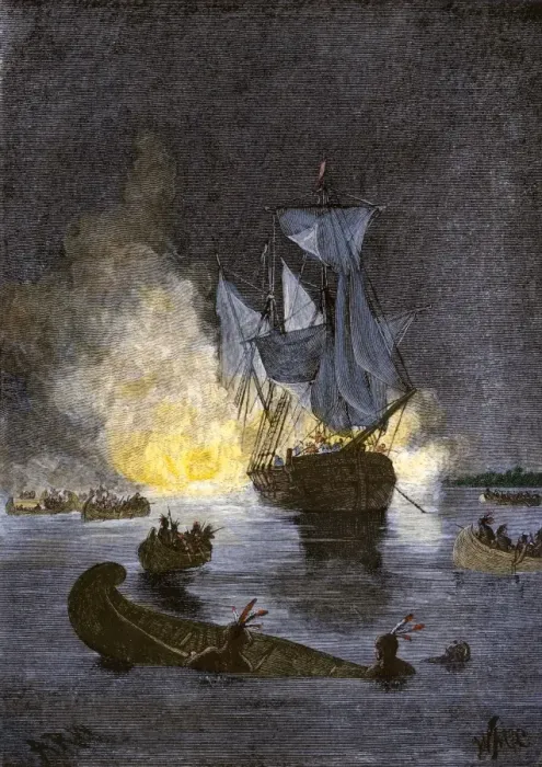 Framed Print : Native Americans burning a schooner in the Detroit River at night during Framed Print : Native Americans burning a schooner in the Detroit River at night during