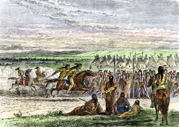Framed Print : Native Americans horse-racing near their village on the Great Plains Framed Print : Native Americans horse-racing near their village on the Great Plains