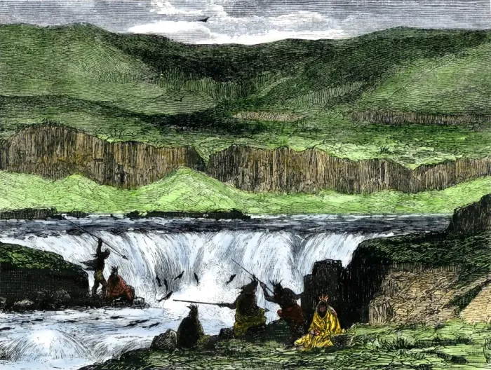 Framed Print : Native Americans using spears during fish run Framed Print : Native Americans using spears during fish run