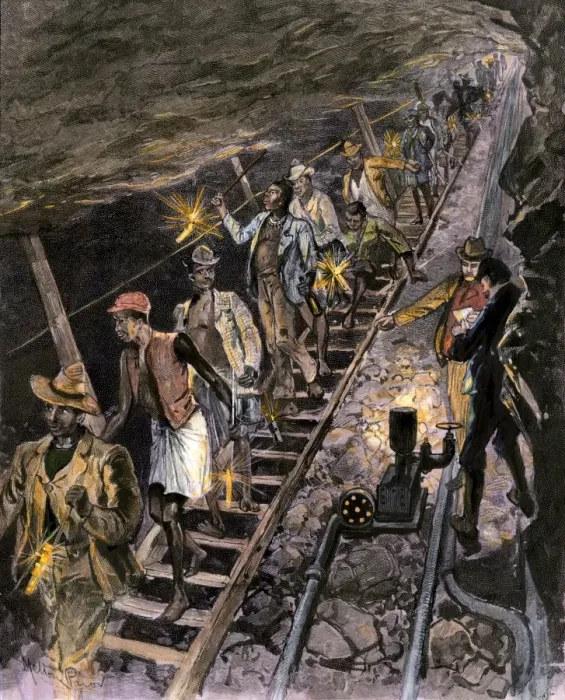 Framed Print : Native workers descending into a diamond mine near Johannesburg Framed Print : Native workers descending into a diamond mine near Johannesburg