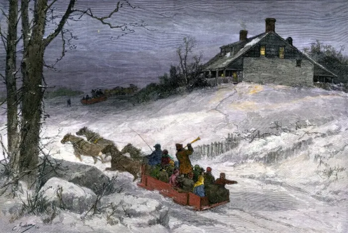 Framed Print : Neighbors celebrating Christmas Eve with a sleigh ride Framed Print : Neighbors celebrating Christmas Eve with a sleigh ride