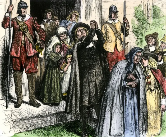 Framed Print : New England colonists leaving church