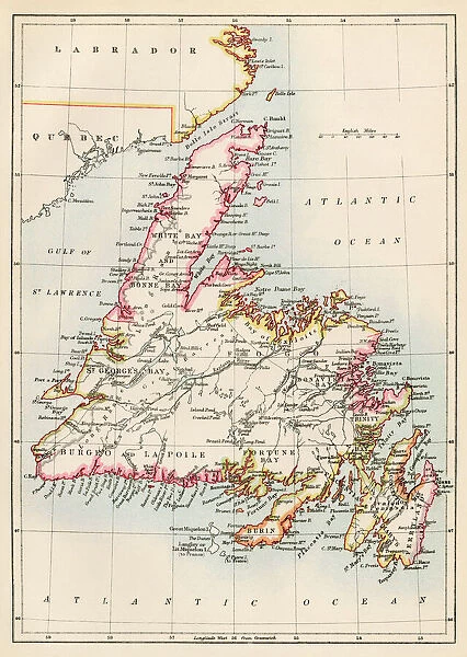 Newfoundland, 1870s. Map of Newfoundland, Canada, 1870s.. Printed color lithograph