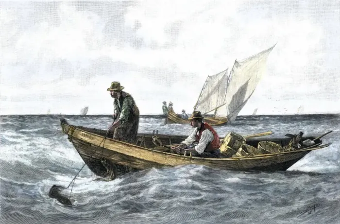 Framed Print : North Atlantic cod-fishing in the 1880s Hand-colored woodcut of a 19th-century Framed Print : North Atlantic cod-fishing in the 1880s Hand-colored woodcut of a 19th-century