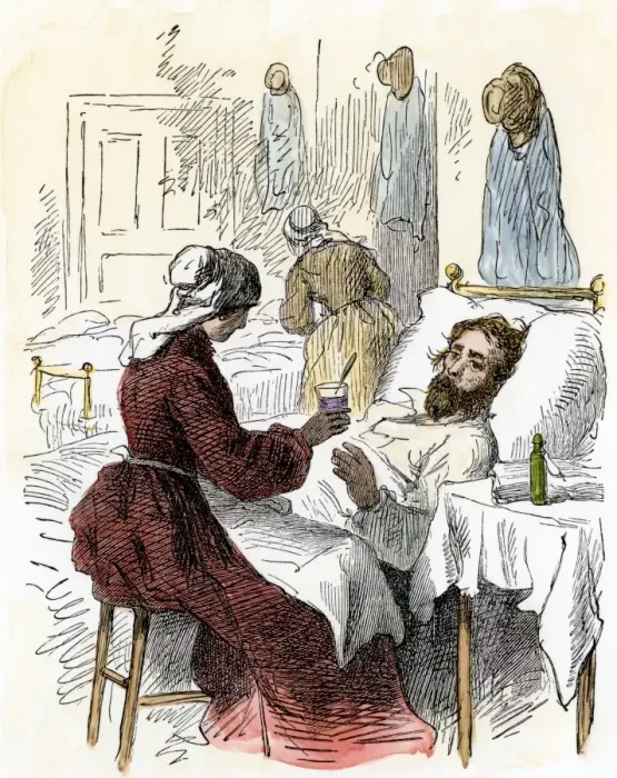 Framed Print : Nurse treating a wounded soldier in a Civil War hospital Framed Print : Nurse treating a wounded soldier in a Civil War hospital