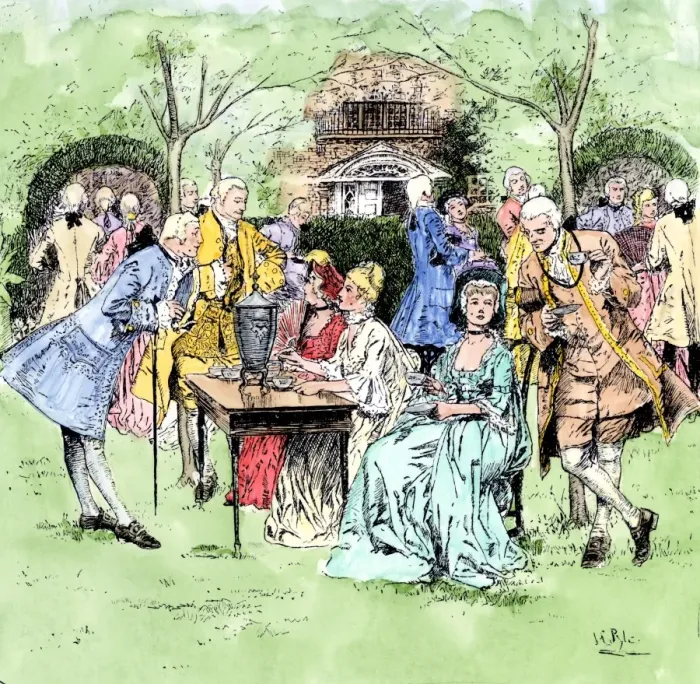 Framed Print : Outdoor tea party in colonial New England Framed Print : Outdoor tea party in colonial New England