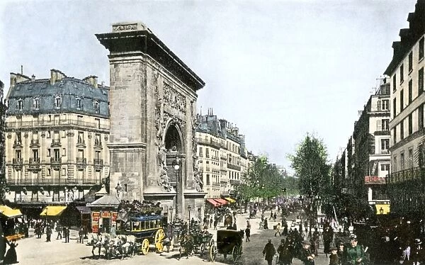 Paris, 1890. Street traffic around Porte Saint Denis, Paris, circa 1900.