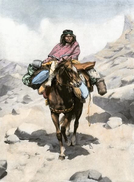 Patagonian woman traveling by horse