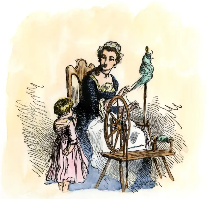 Framed Print : Patriotic American colonial woman spinning to avoid importing British cloth Framed Print : Patriotic American colonial woman spinning to avoid importing British cloth