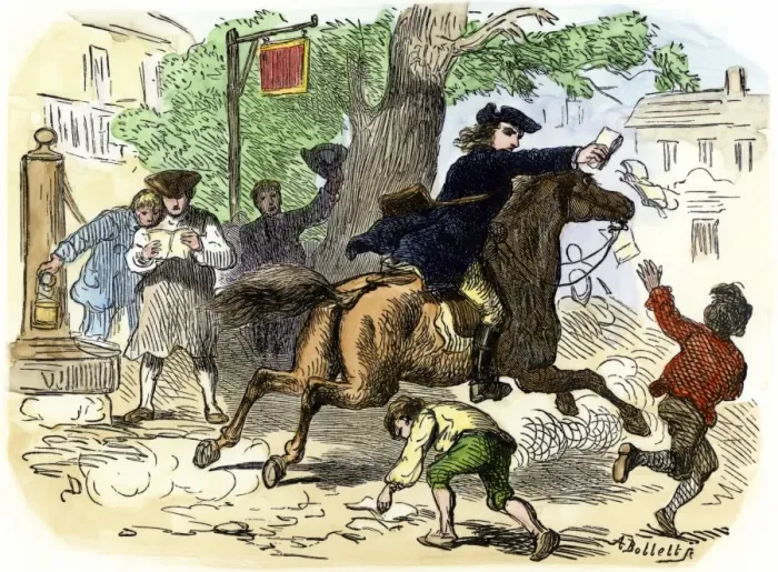 Framed Print : Paul Revere delivering handbills in a New England village for the Sons of Framed Print : Paul Revere delivering handbills in a New England village for the Sons of