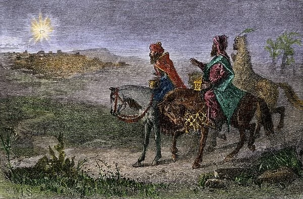 PBIB2A-00042. Three kings following the star to Bethlehem, birthplace of Jesus.