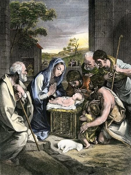 PBIB2A-00050. Shepherds with Mary, Joseph, and baby Jesus in Bethlehem.