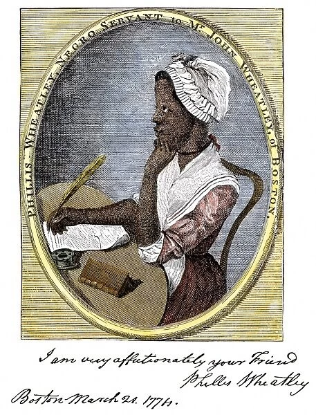 PBLA2A-00006. Poet Phyllis Wheatly.. Hand-colored woodcut of an 18th-century illustration
