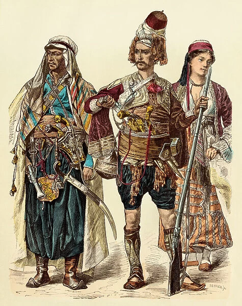 People of Lebanon. Maronite of Lebanon (left), armed Zeibek, and Christian Lebanese woman.