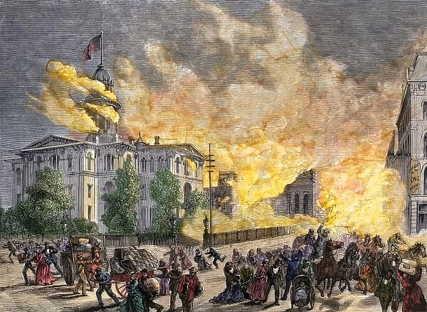 People running from the raging Chicago Fire, 1871