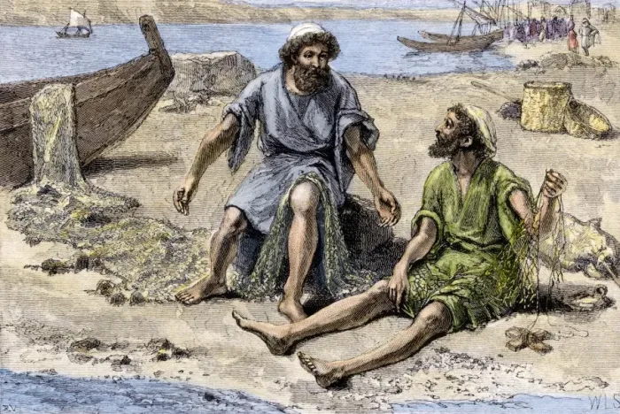 Framed Print : Peter and Andrew mending their nets by the Sea of Galilee before becoming Framed Print : Peter and Andrew mending their nets by the Sea of Galilee before becoming