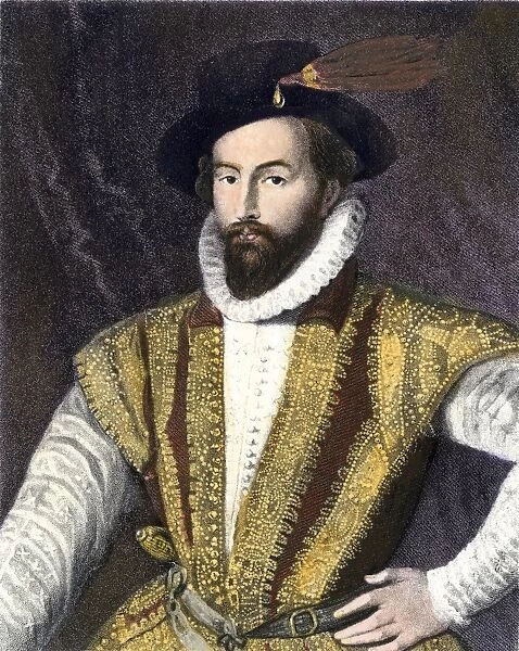 PEXP2A-00007. Sir Walter Raleigh.. Hand-colored engraving of a painting