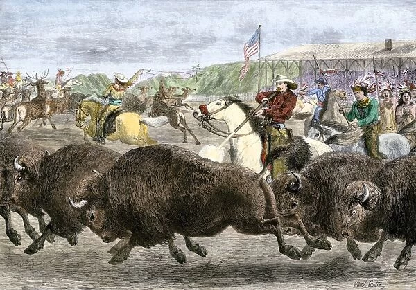 PEXP2A-00013. Buffalo Bill Cody's Wild West Show hunting bison and elk, 1880s.