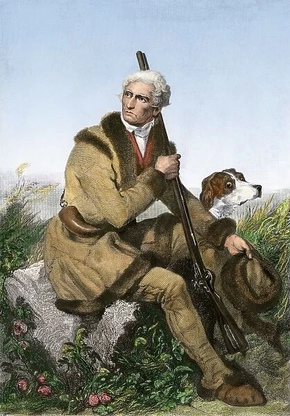 PEXP2A-00014. Daniel Boone, pioneer of Kentucky, with his rifle and dog.